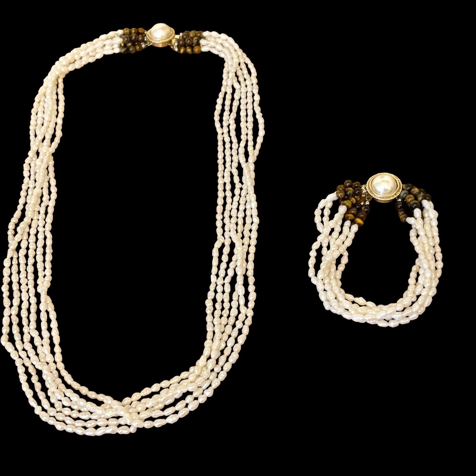Vtg Multi-Strand Rice Pearl & Tiger’s Eye Necklace Bracelet Set Silver Clasp