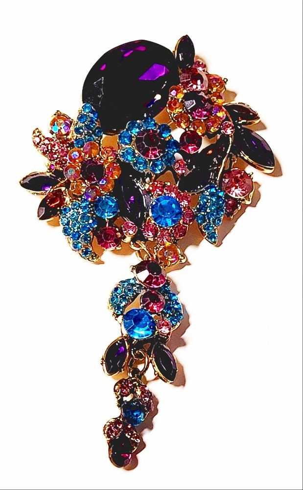 Purple & Blue Acrylic & Glass Rhinestone Brooch Pin 4 3/4″ Long