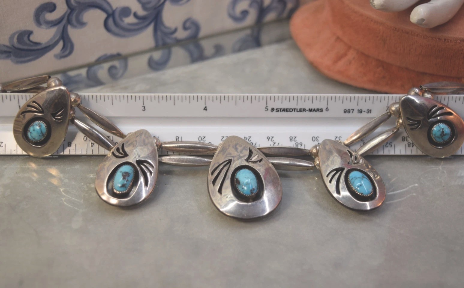 Vintage Sterling Turquoise Cabochon Necklace Elongated Beads 17″