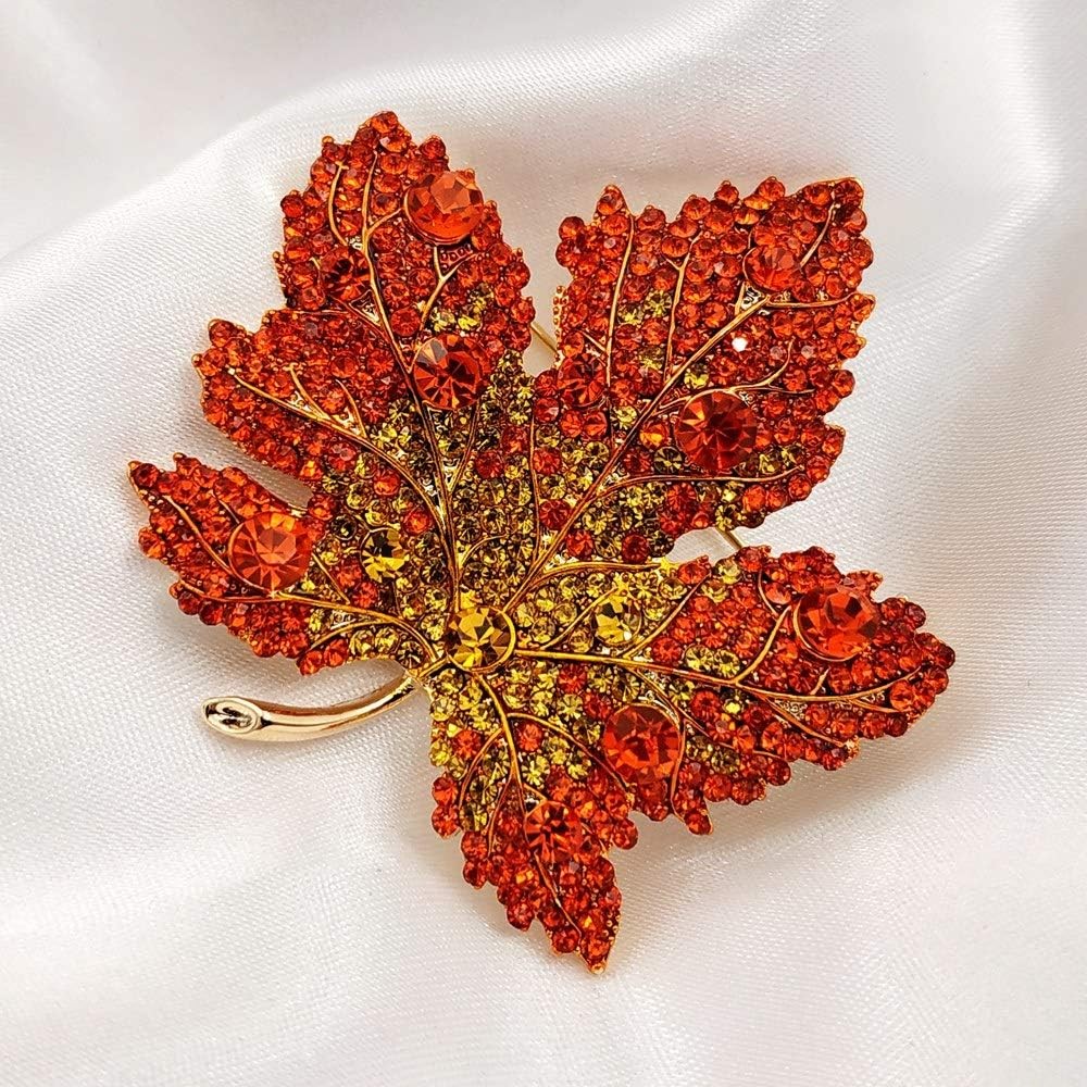 Vintage Stylish Full Micro Pave Yellow Orange Red Crystal Big Maple Leaf Brooch