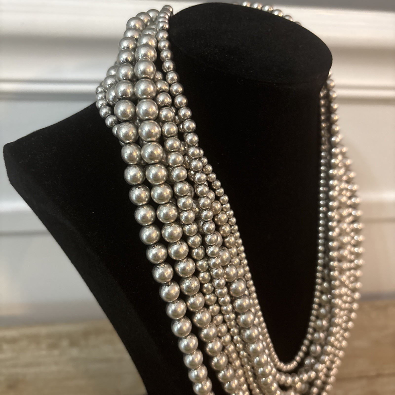Vintage Gray Silver Layered Multi-Strand Faux Pearl Statement Necklace 17”