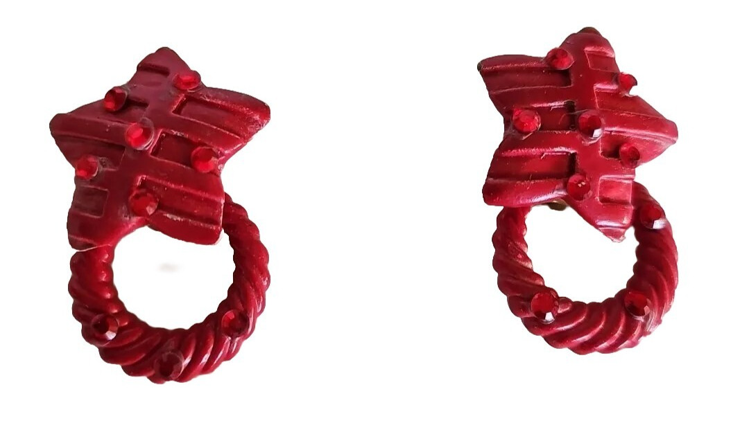 VTG Jeff Lieb Clip Earrings Red Star Rhinestone One Of A Kind Custom Handmade