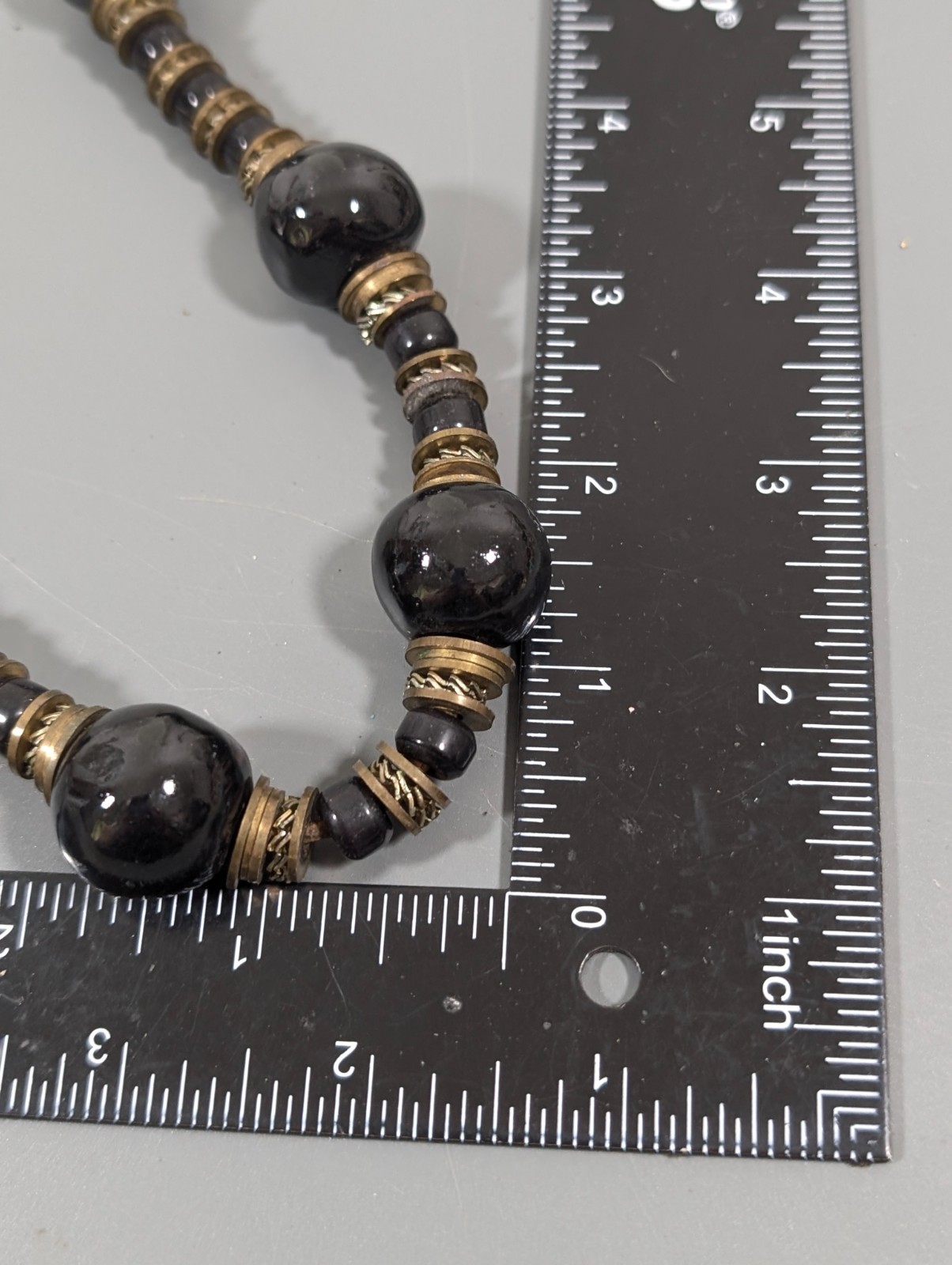 Vintage Black Ceramic Necklace Chunky Beads Bronze Tone Statement Tribal 25 in