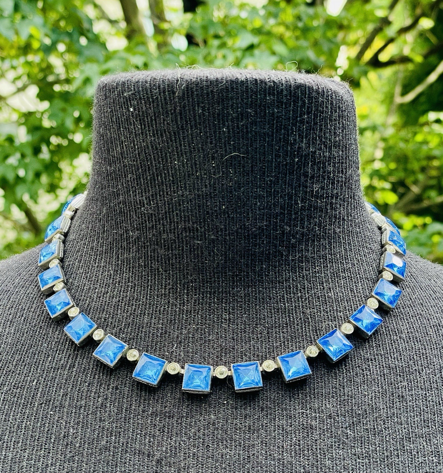Art Deco Blue Square Czech Glass Bezel Set Rivière Collar Necklace 1 stone miss