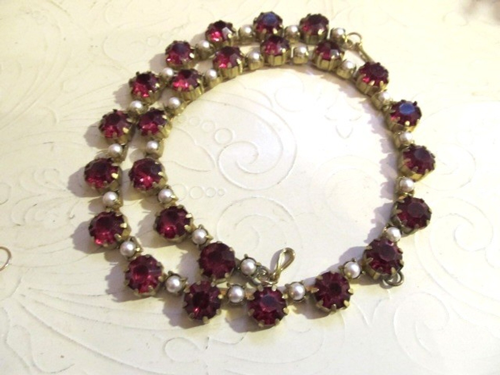 VtG FLORENZA Faux Garnets & Pearl Necklace Pin/Pendant and Bracelet SET Restored