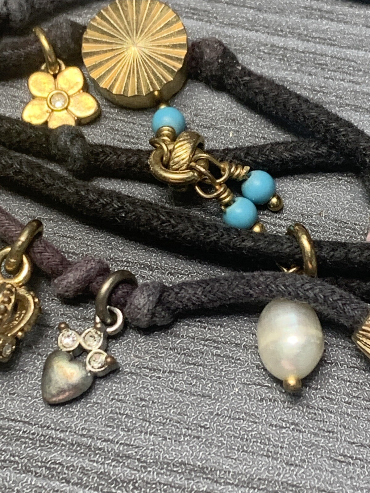 Vintage Juicy Couture Charm Pearl Bracelet Black Cotton, Multi Strand 6.5-7.5”
