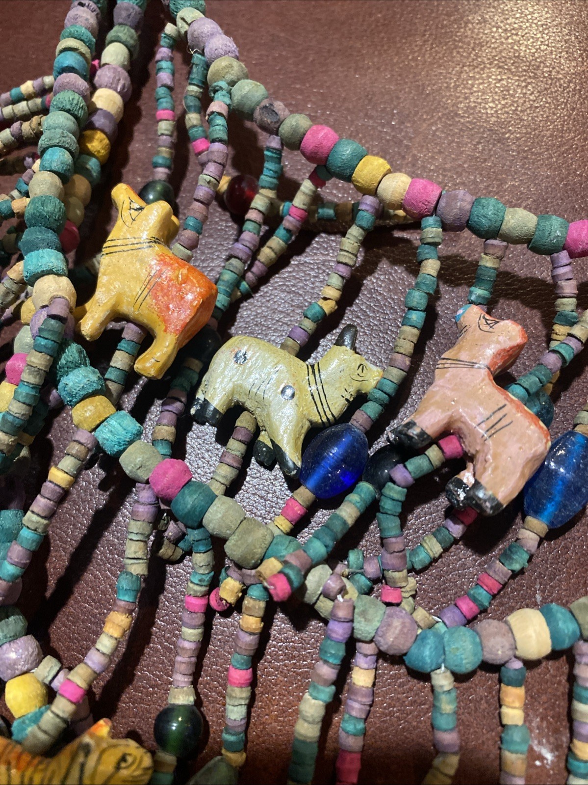 BOHO African Multi Strand Statement Necklace Wooden Carved Animals Fringe Beads