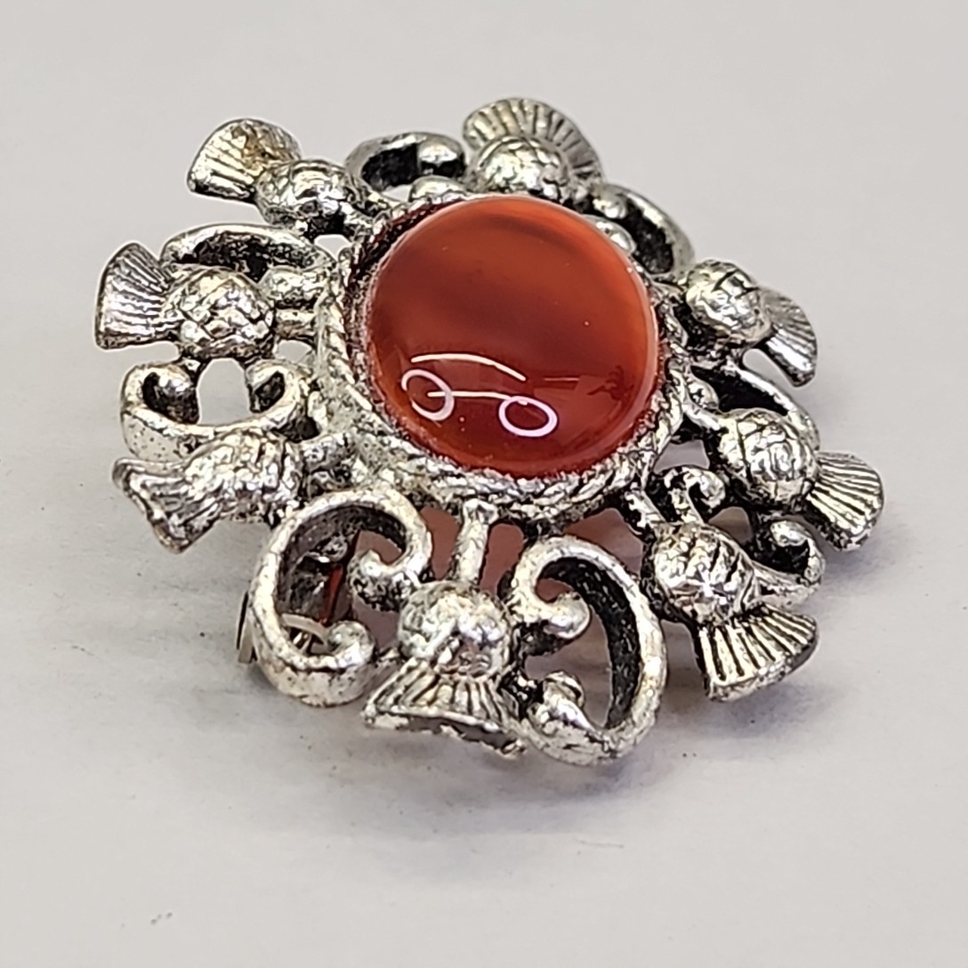 Vintage Carnelian Brooch Orange Stone Silver Tone Scrollwork Oval 1 5/8″