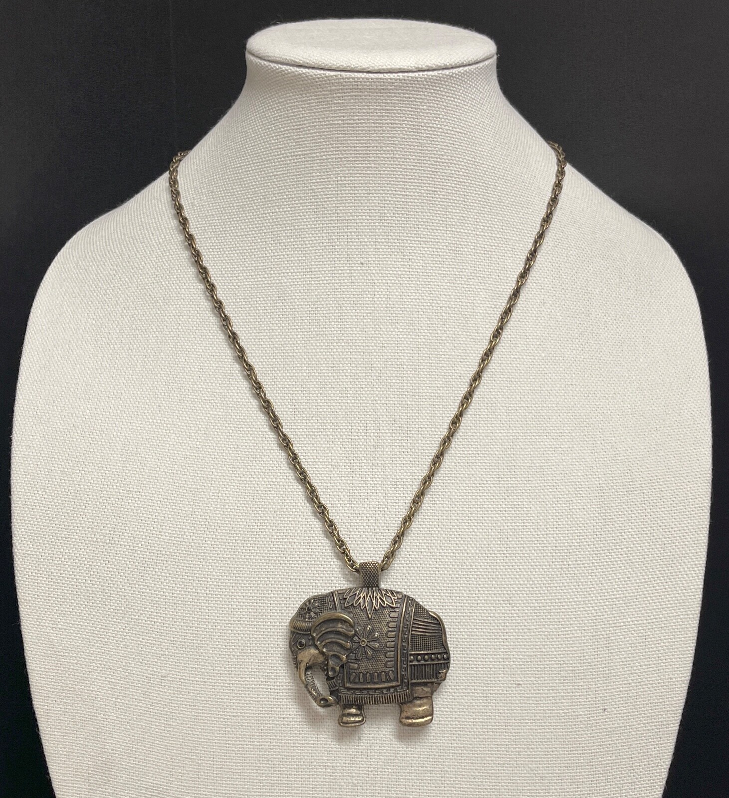 Large Elephant Pendant on Brass Tone Long Chain Vintage