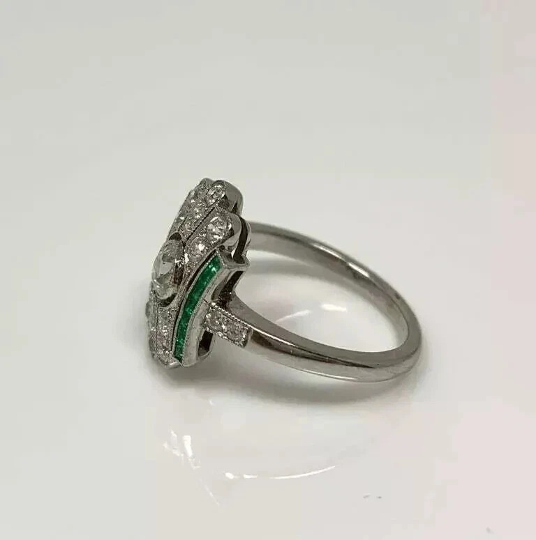3.2Ct Art Deco Lab Created Diamond & Emerald Engagement 14K White Gold FN Ring
