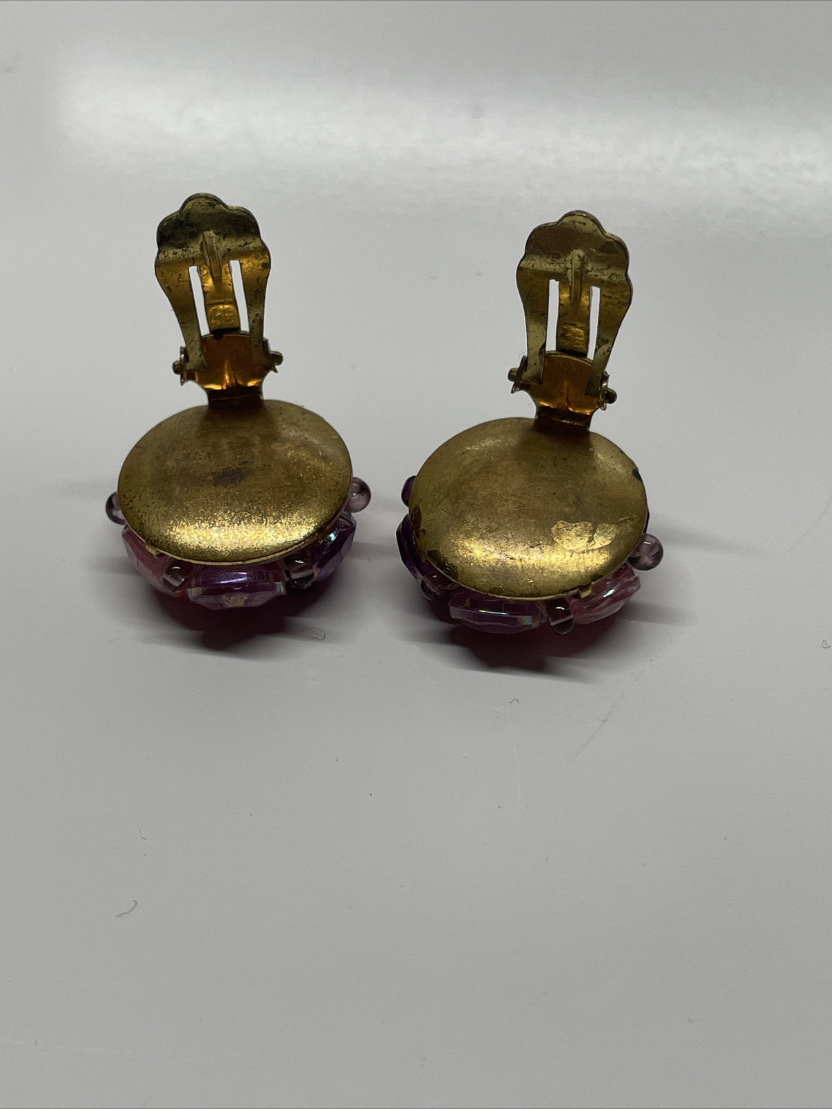 Vintage Western Germany Gold Tone Purple Beaded Cluster Clip On Earrings