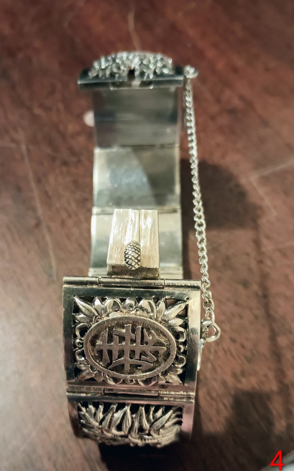 Vintage Chinese Export Silver Repousse 4 Seasons Panel Bracelet – Non-Magnetic