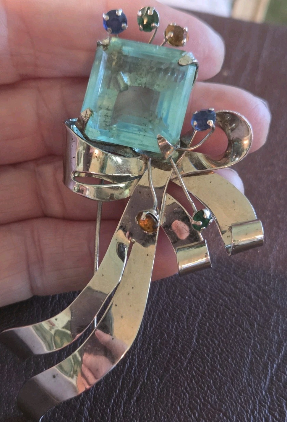 1940s Unsigned Glamourous Sterling Silver 4″ Brooch w/ Large Aqua Stone