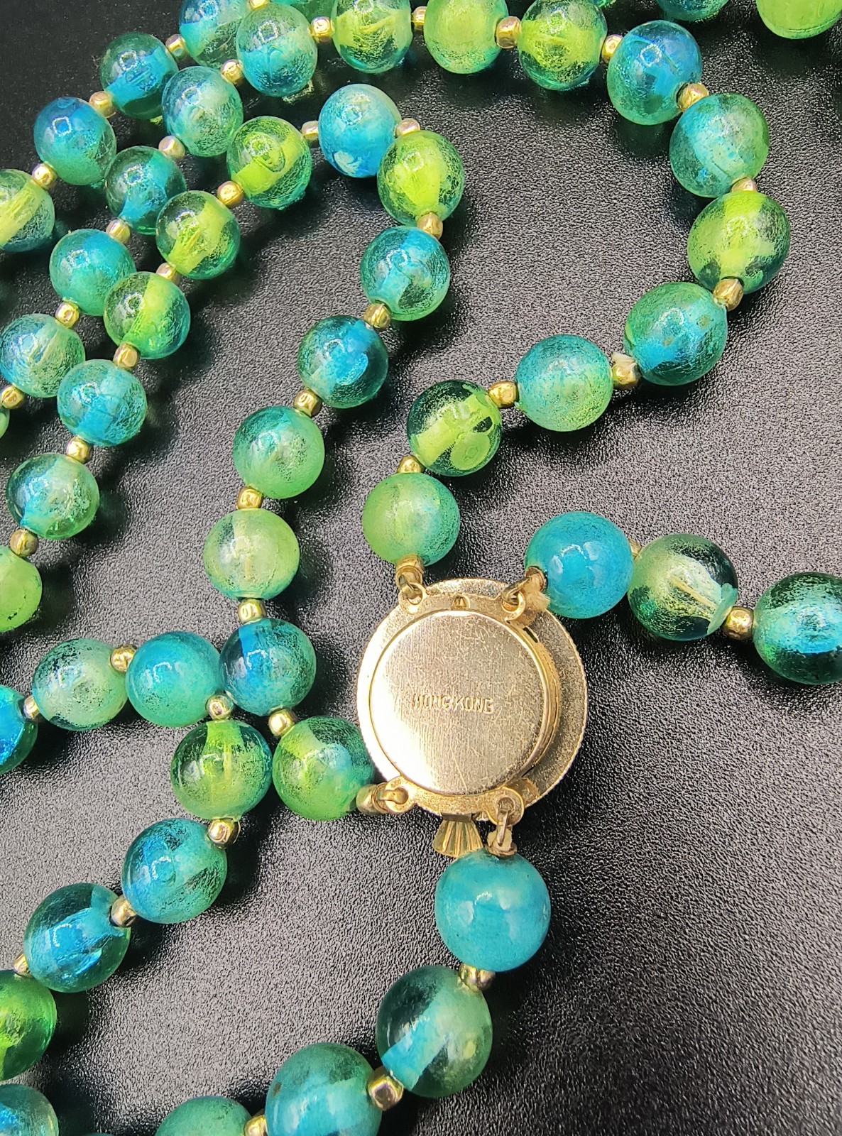Vtg Hong Kong Translucent Green Teal Ombre Double Strand Bead Strand Necklace