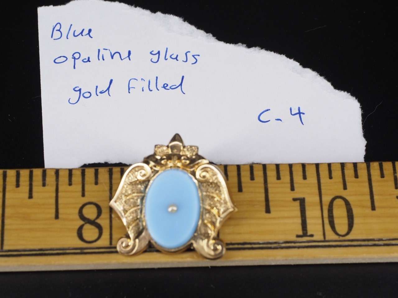 Antique gold brooch blue opaline glass hollow pin tube hinge C-clasp jewelry