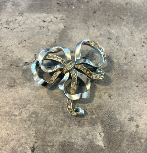 VINTAGE Lot of 2 Silver Tone Rhinestone Bow Shaped Brooch Pin