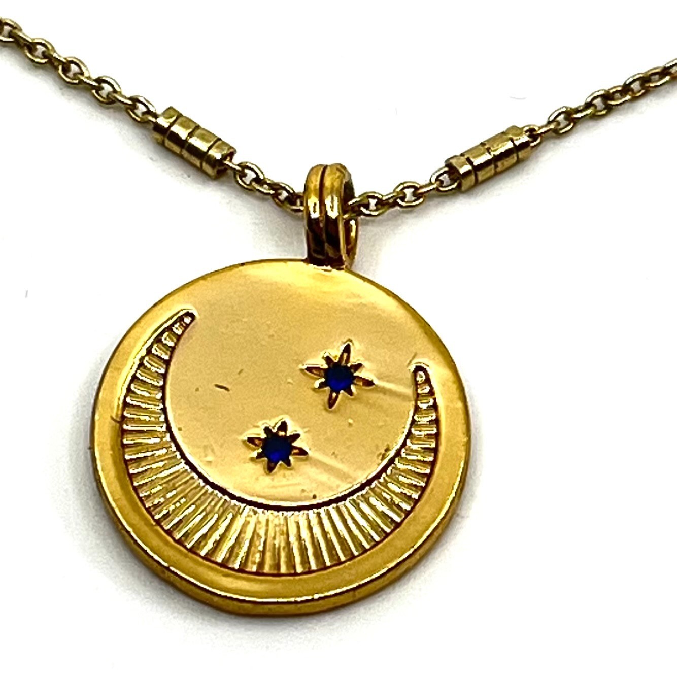 Vintage Gold Tone Celestial Crescent Moon Star Medallion Pendant Necklace Y2K