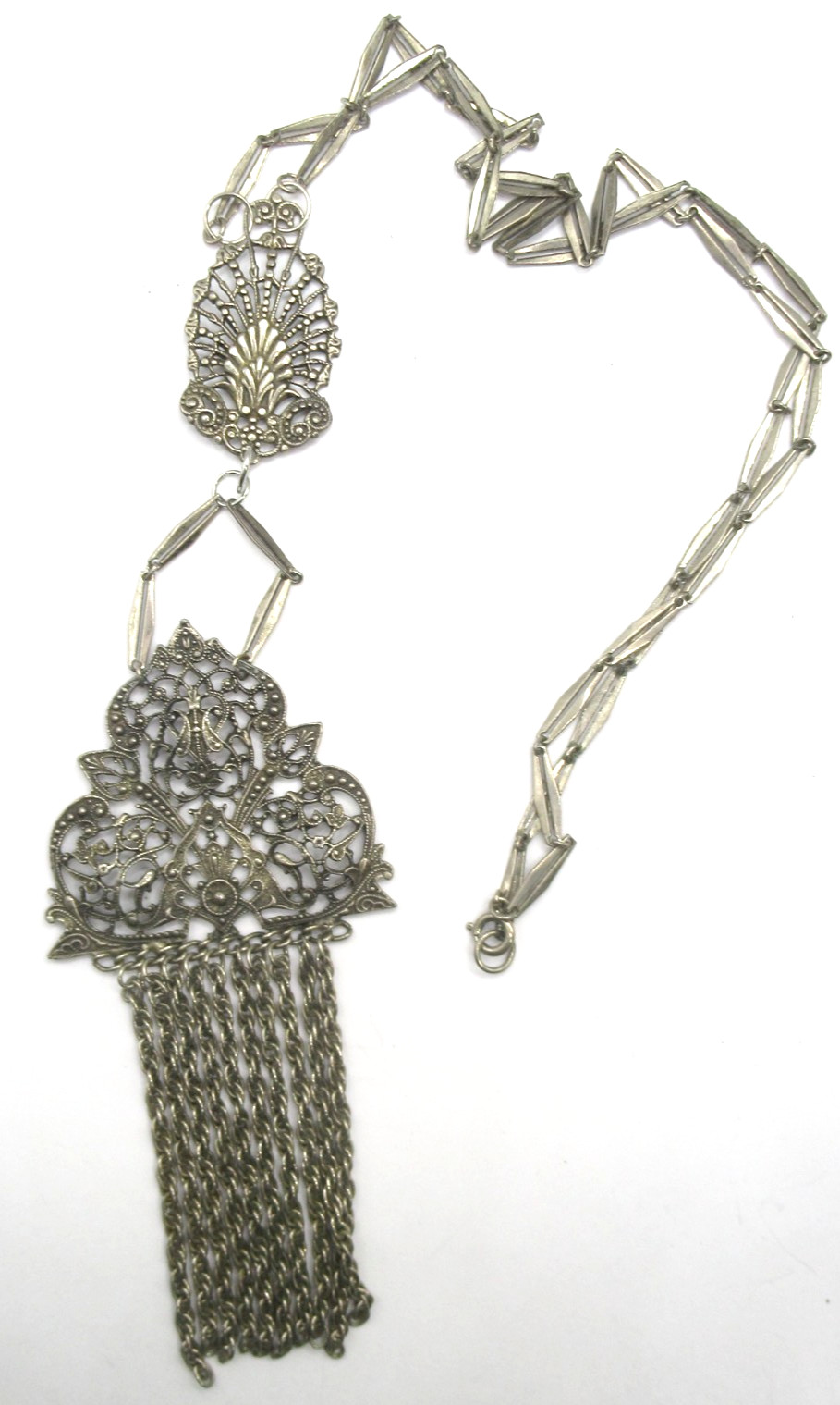 Dark Silver Tone Very Long Abstract Pendant Necklace Old w Fringe