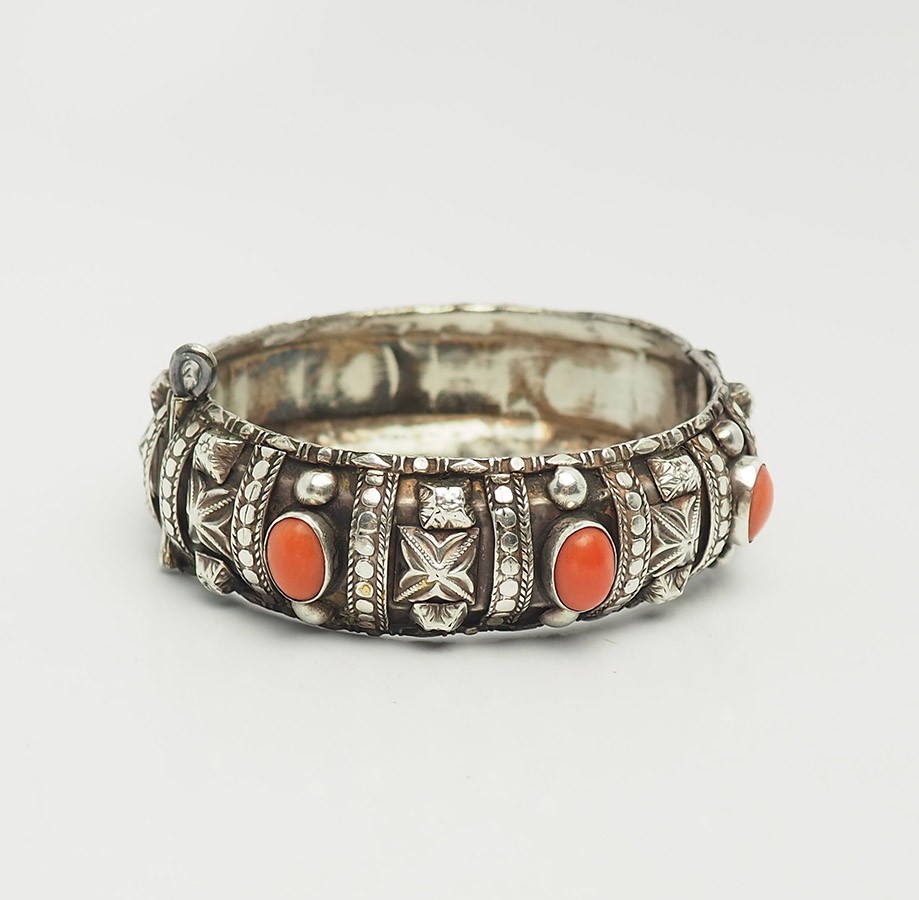 Antique sterling silver and coral ornate ethnic traditional handmade bracelet