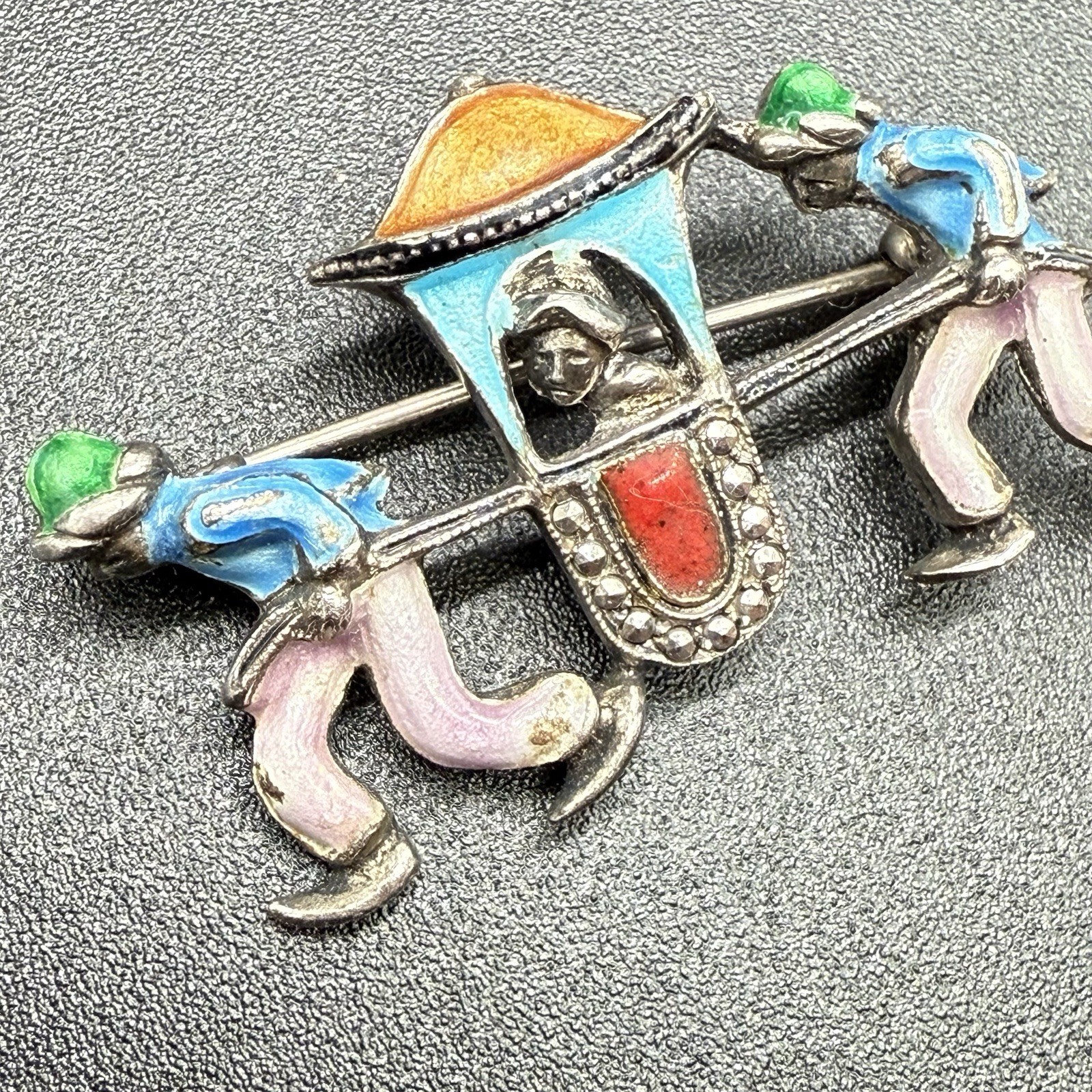 Vintage Unmarked Silver Marcasite Sedan Chair Brooch 7 Grams 935? AS IS