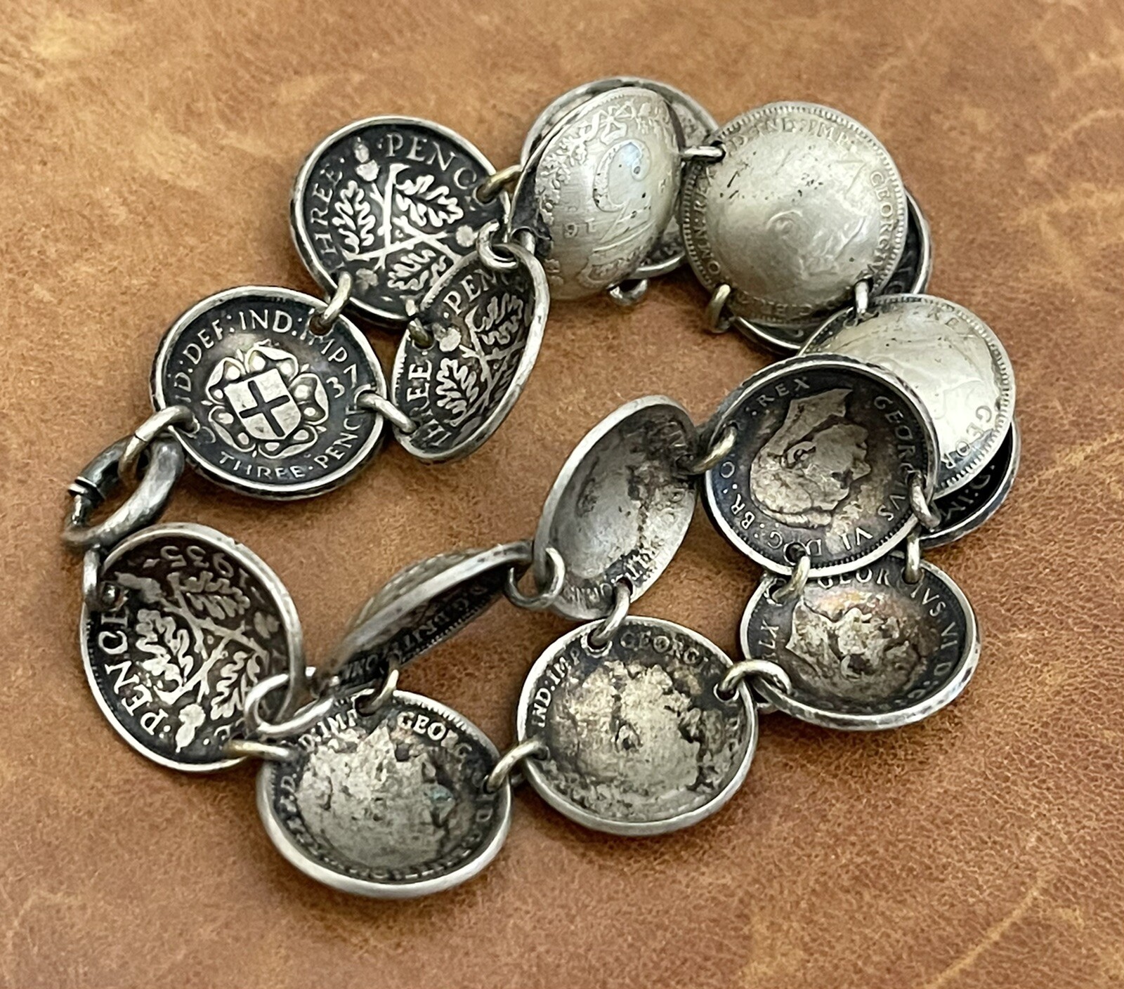 Old Great Britain Three pence .925 Sterling Coins Cupped Link Bracelet 6.25” In