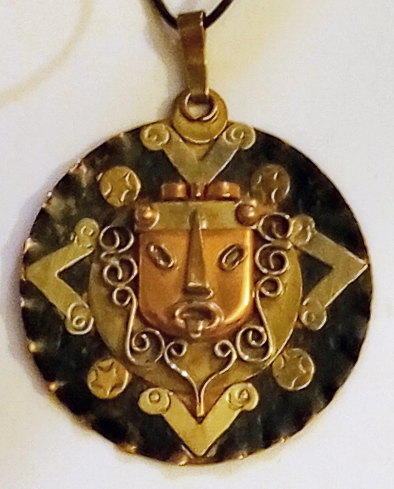Vintage Diaz Santoyo Jewelry Mexican Multi Medal Copper Brass Aztec Mask Pendant