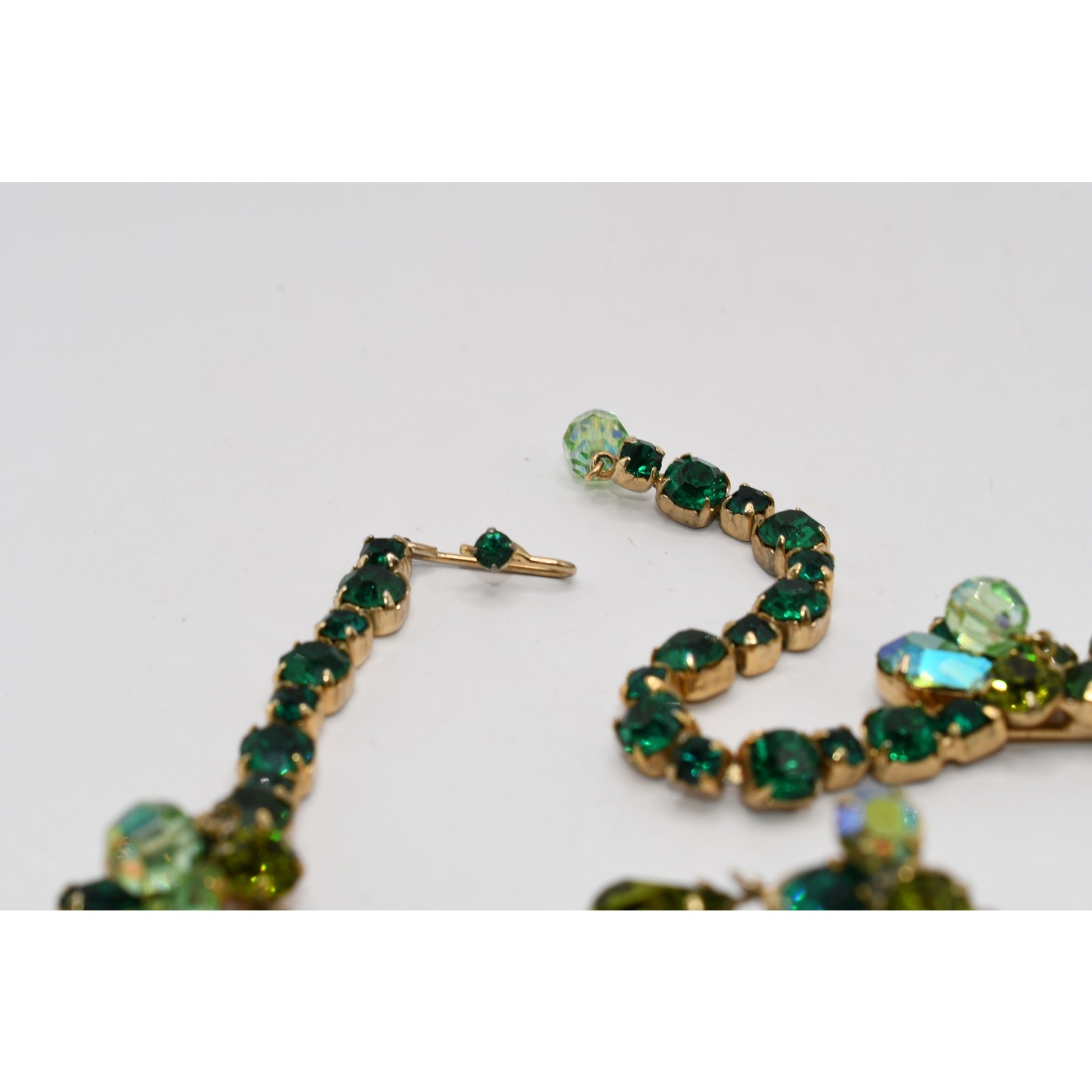 Vintage Kramer Green Rhinestone Necklace Earring Set Gold Tone AB Dangles