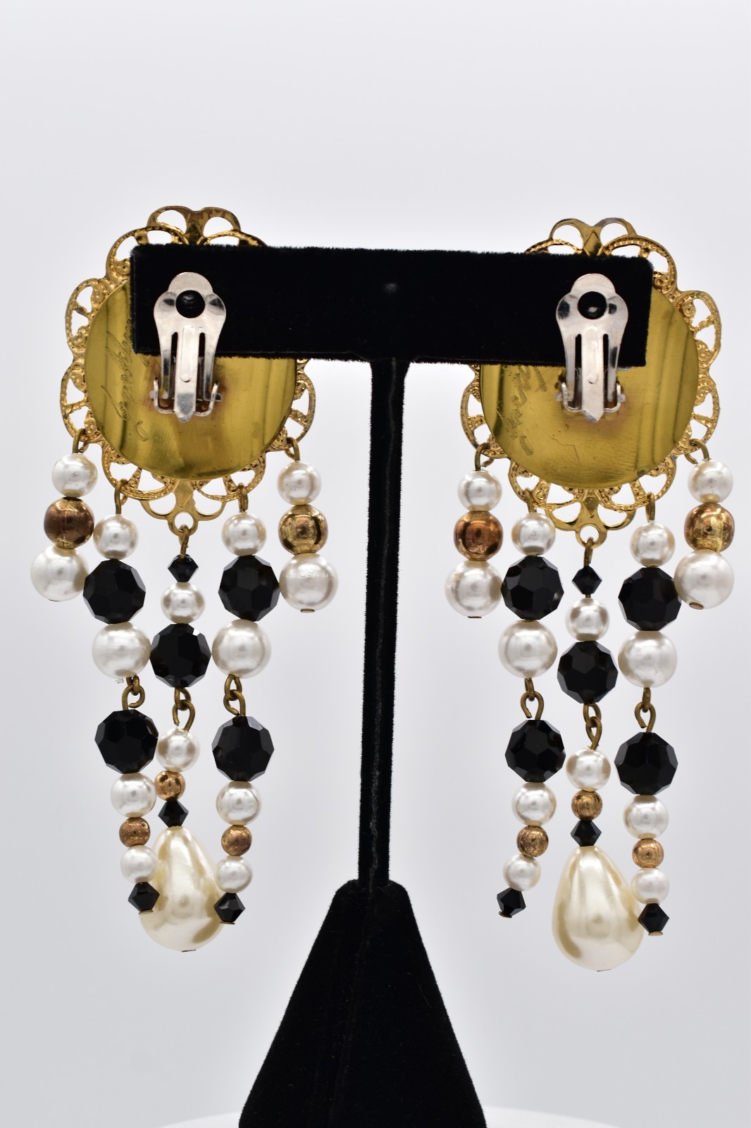Jacklynn Vintage Beaded Fringe Clip On Earrings Black Crystal Pearl Gold BinBF