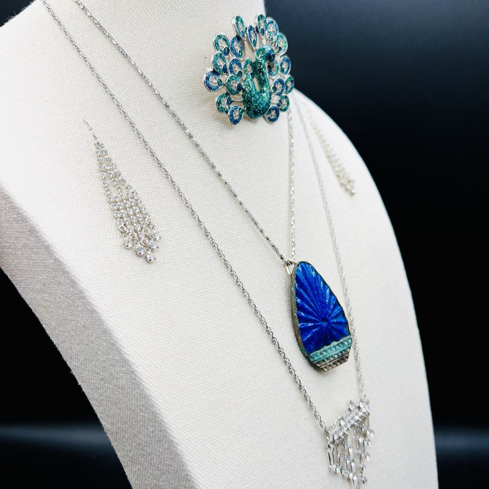 Cobalt Blue Statement Pendant Necklace Set Peacock Brooch Earrings Art Deco Look
