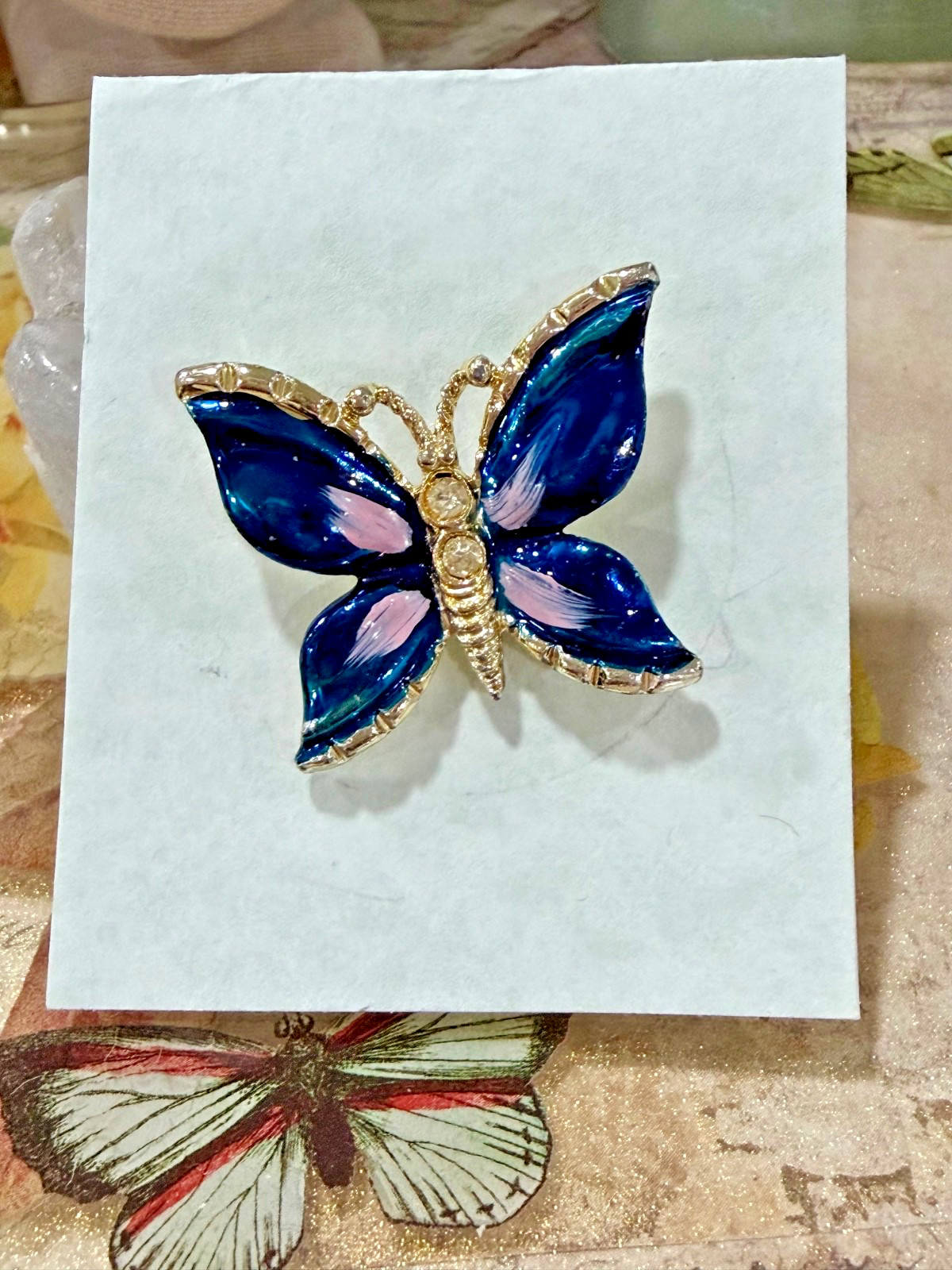 Enameled Butterfly Pin, Blue & Pink With Rhnestone Accents, Gift for Her, Mom