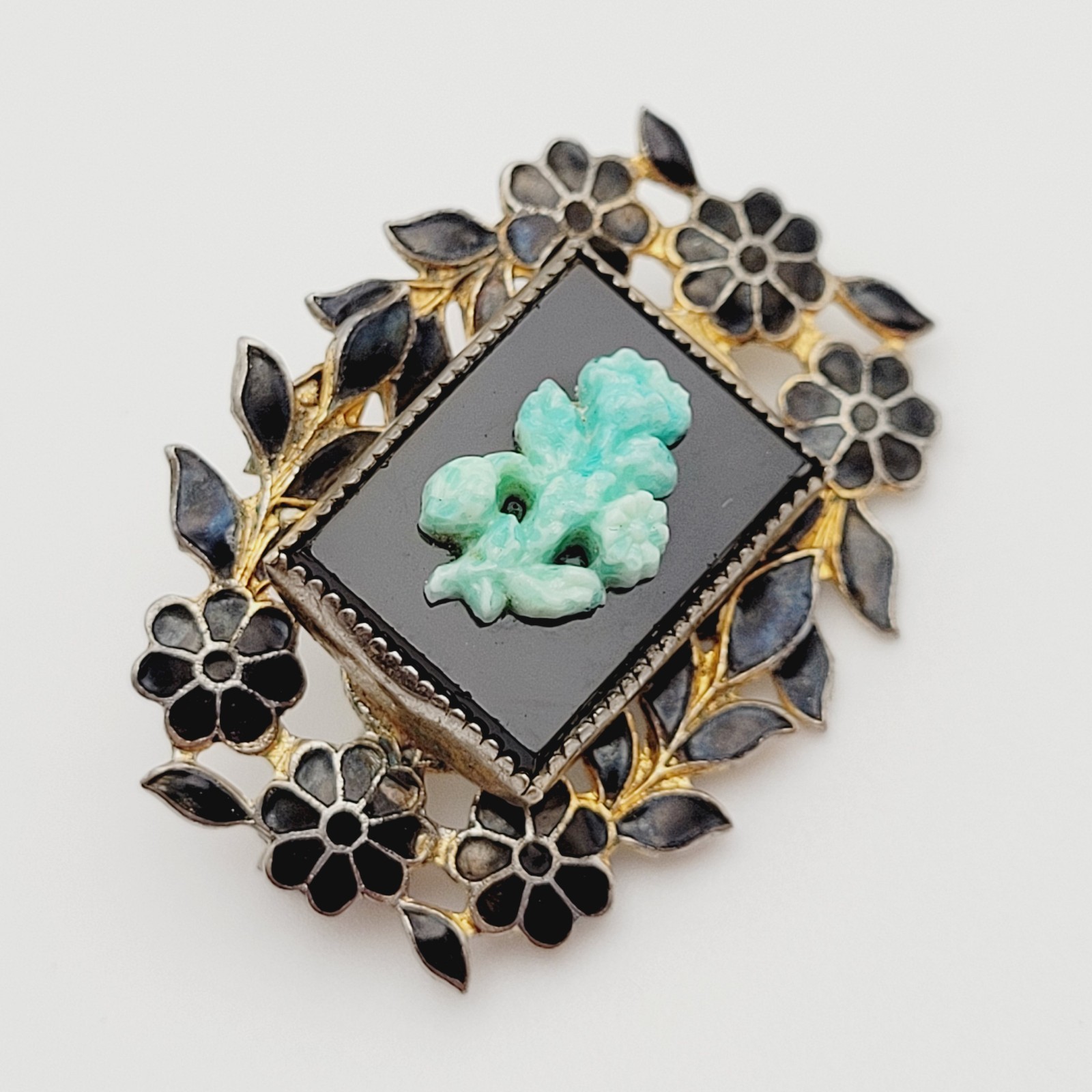 Nouveau Peking Glass Floral Victorian Mourning Brooch Style 1930s Vintage Brooch