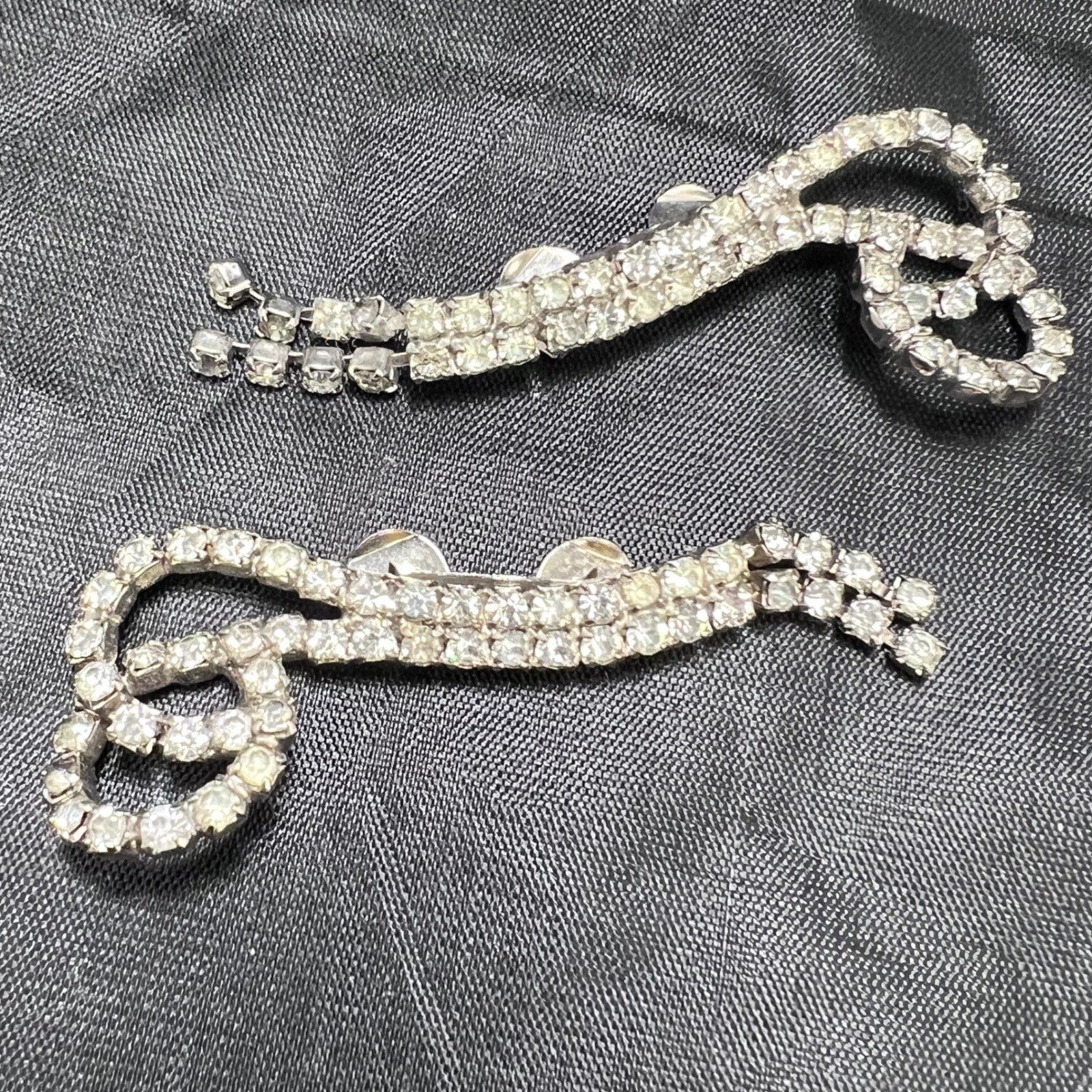 Vintage MUSI Clear Rhinestone Scroll Shoe Clips Silver Tone Pair Mid Century