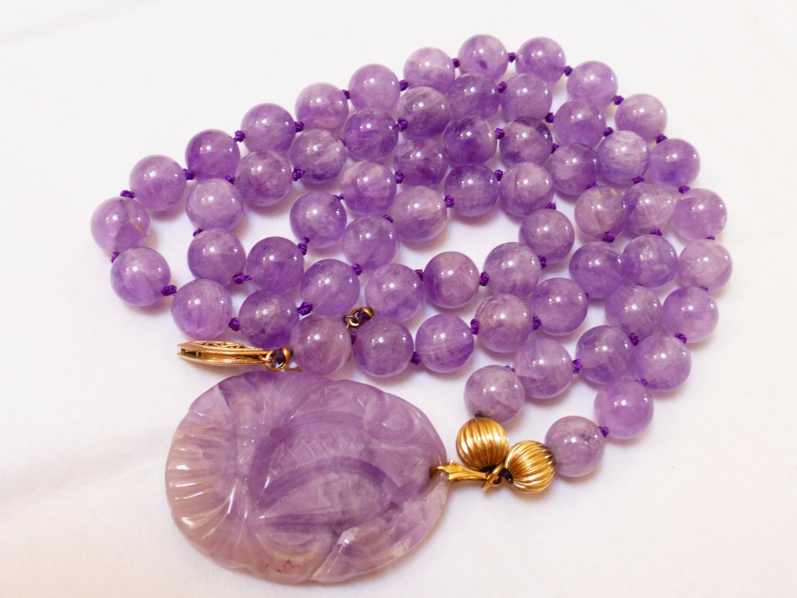 VINTAGE AMETHYST BEAD NECKLACE PENDANT 14kgf