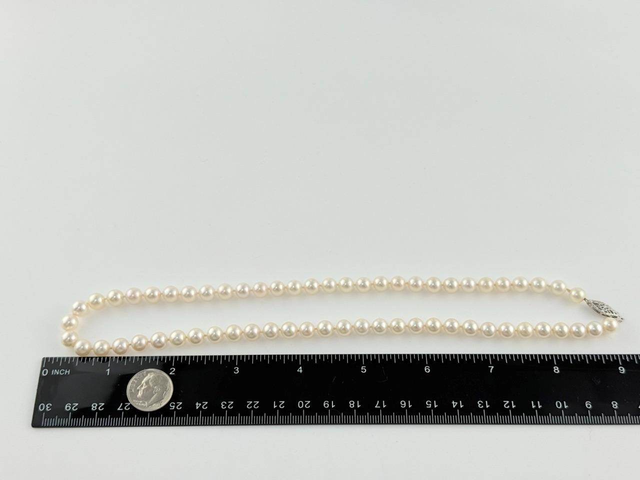 14k White Gold Hand Knotted 6.4mm Pearl Necklace 18.25 Inches 27 Gram Weight