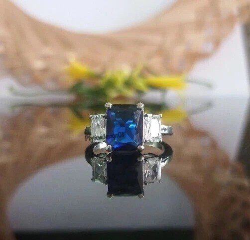 Art Deco Style 3 Stone Emerald Cut Lab Created Sapphire 925 Silver Wedding Ring