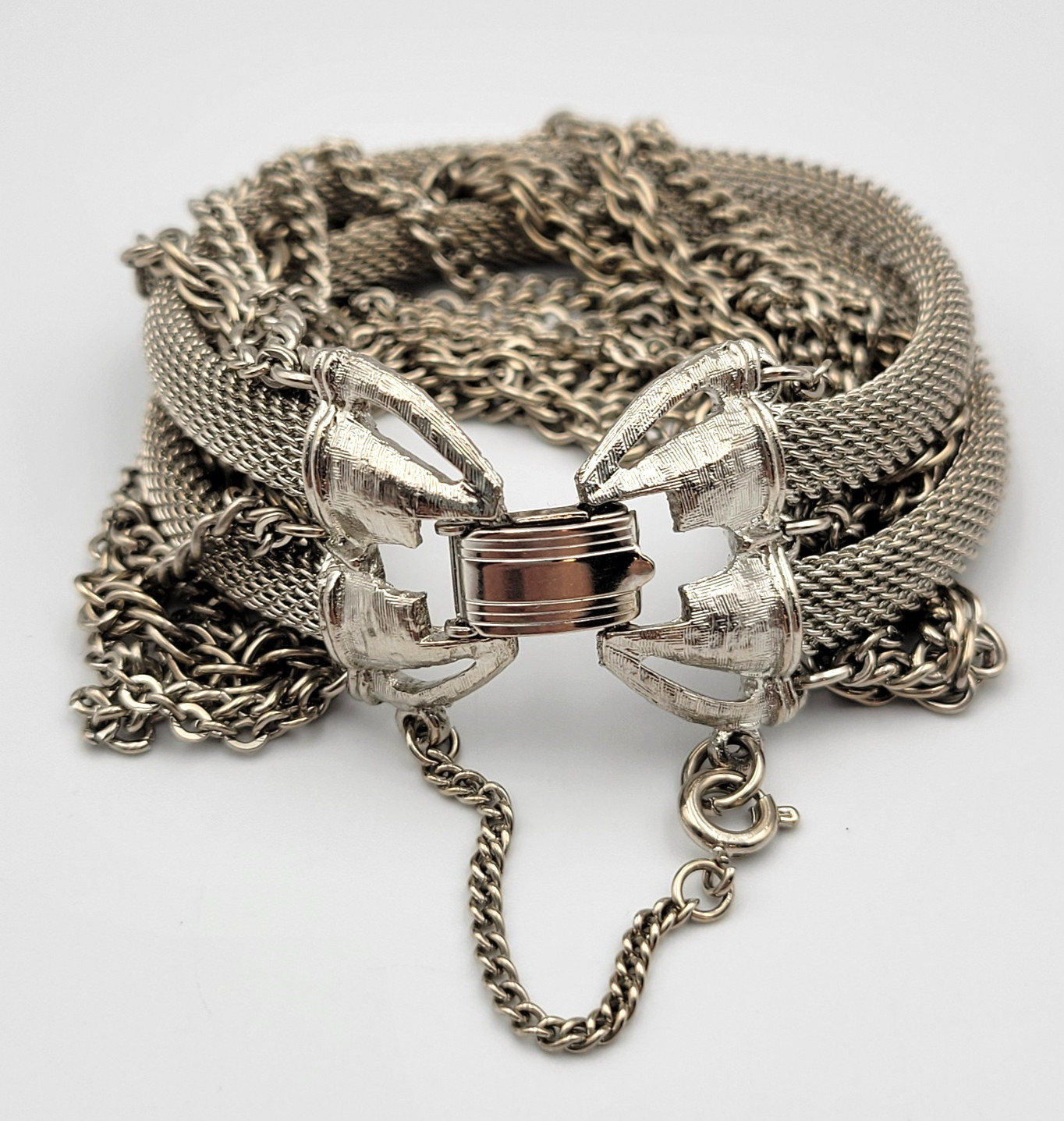 Vintage Multi Strand Chain Necklace Bracelet Jewelry Set Layered Silver Tone