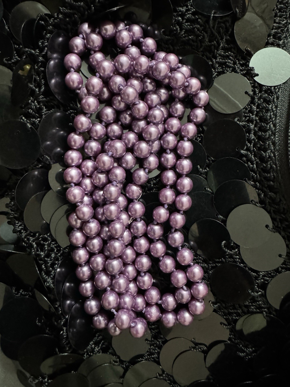 Long Purple Yellow Beige Turquoise Black Faux Pearl Necklace Length 25”