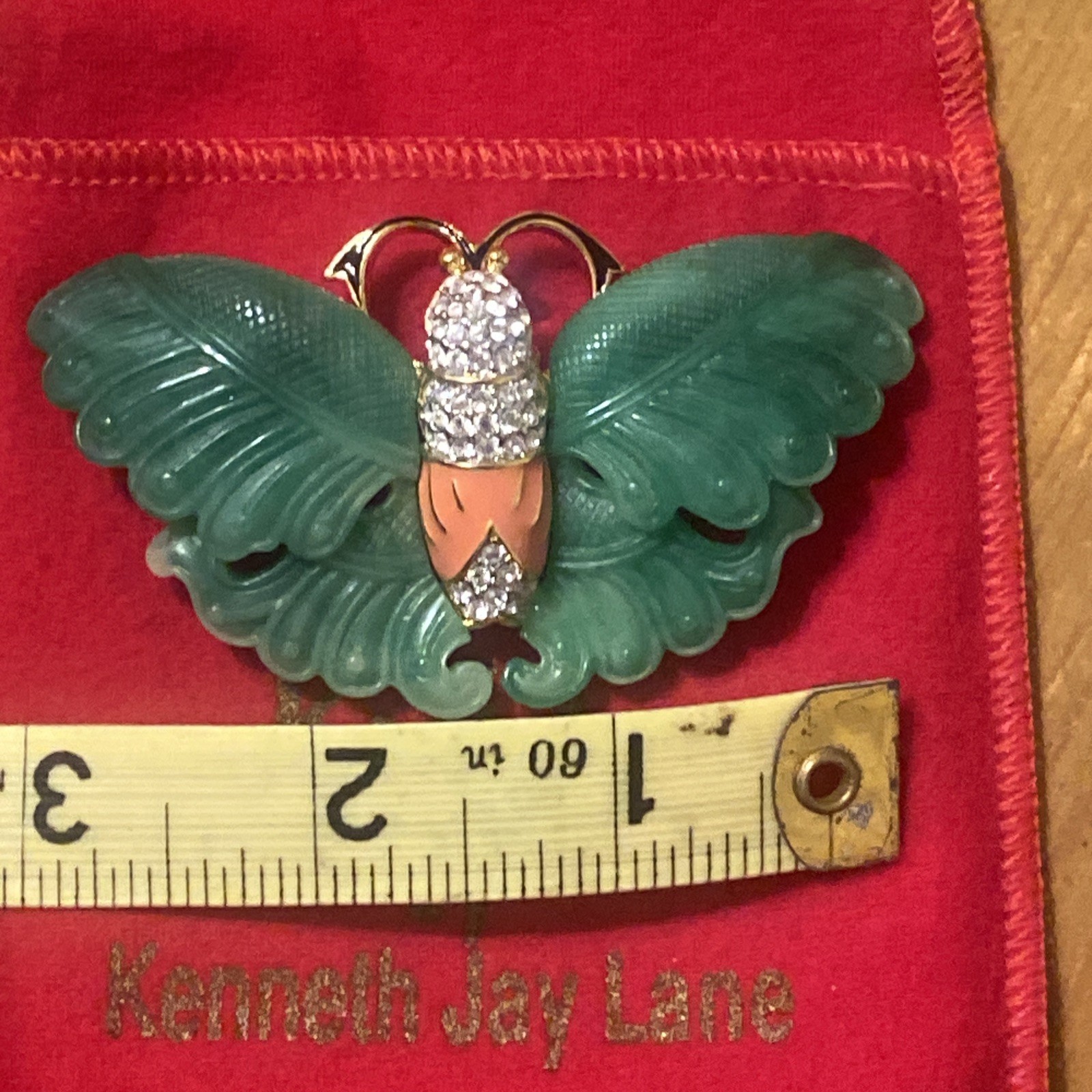 PreownedKJL Kenneth Lane Butterfly Moth Brooch Pin Vintage Faux Jade Rhinestone