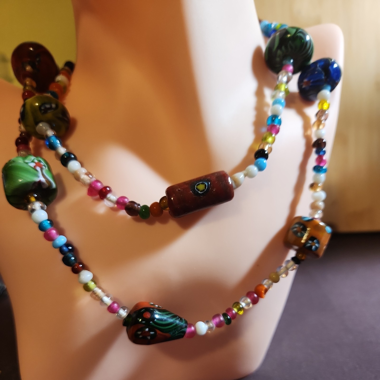 VINTAGE MURANO ART GLASS MILLEFIORI ROUND BEAD MULTI COLOR NECKLACE 30″ LONG