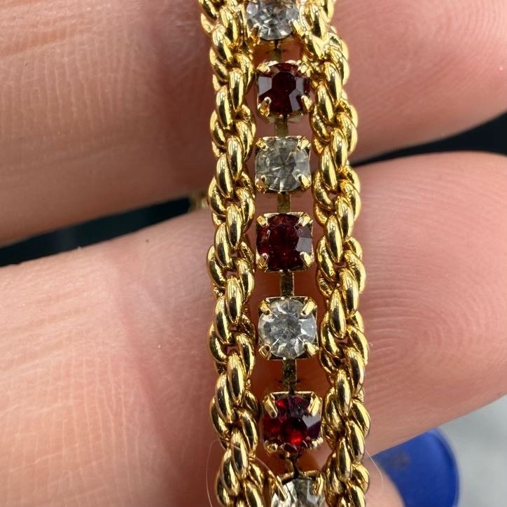 Vintage Tennis Bracelet Gold Tone Red White Rhinestone Dainty 6.5”