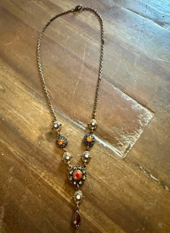 Vintage Nina Ricci Bronze Y Necklace Amber Orange Aurora Borealis Drop