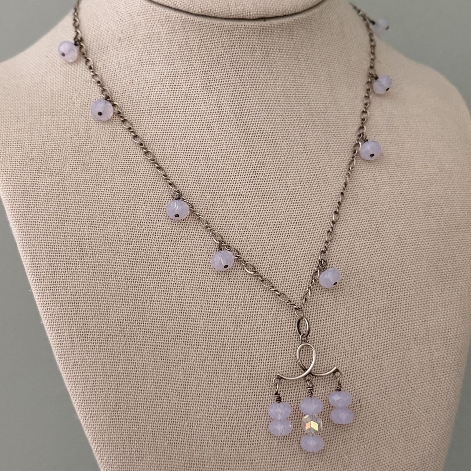Vintage 925 Sterling Silver Purple AB Crystal Beaded Chandelier Dangle Necklace