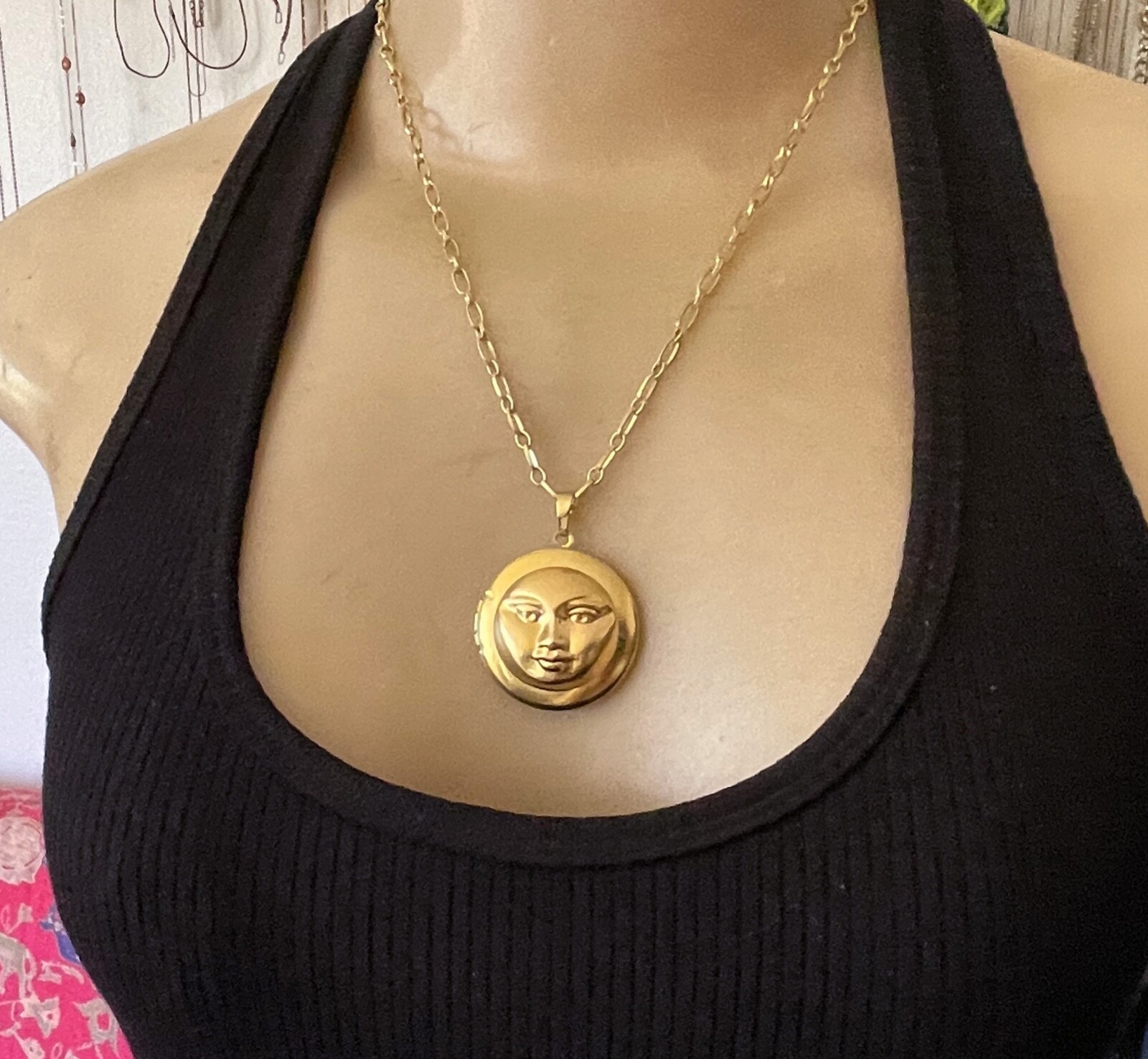 Man in the Moon Locket Necklace Large Brass Pendant Celestial Lunar Centerpiece