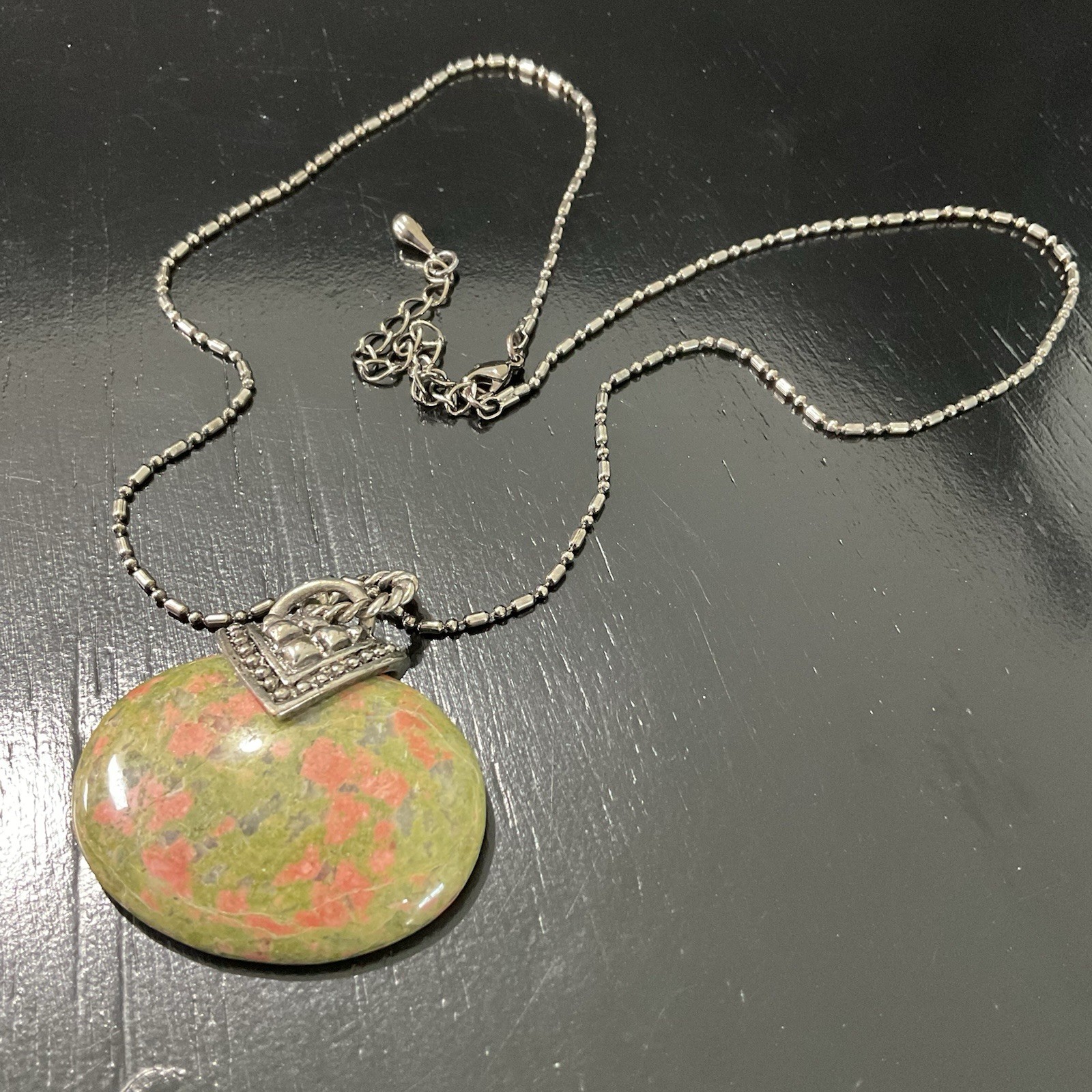 Vintage Unakite Jasper Pendant Necklace Silver Tone 22in 30g