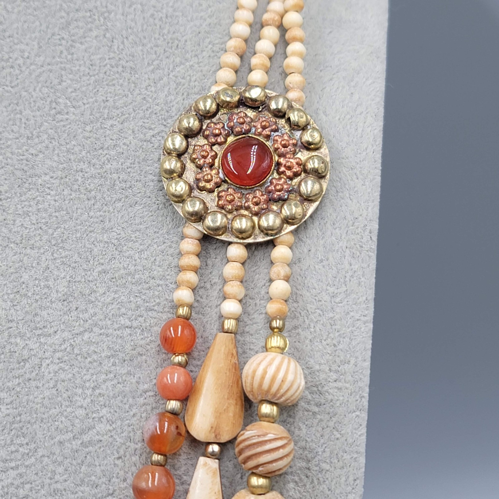 Vintage Ethnic African Bead Necklace Bovine Cow Bone Brass Carnelian Stone