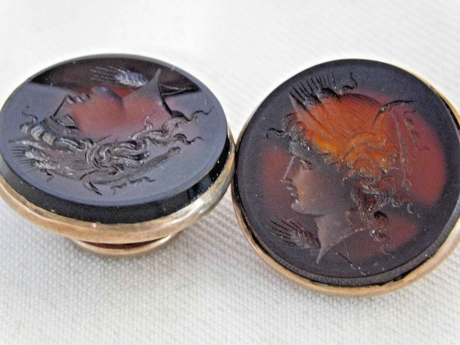 AMAZING Edwardian RENAISSANCE REVIVAL CARVED CARNELIAN CUFFLINKS, GODDESS, 1900
