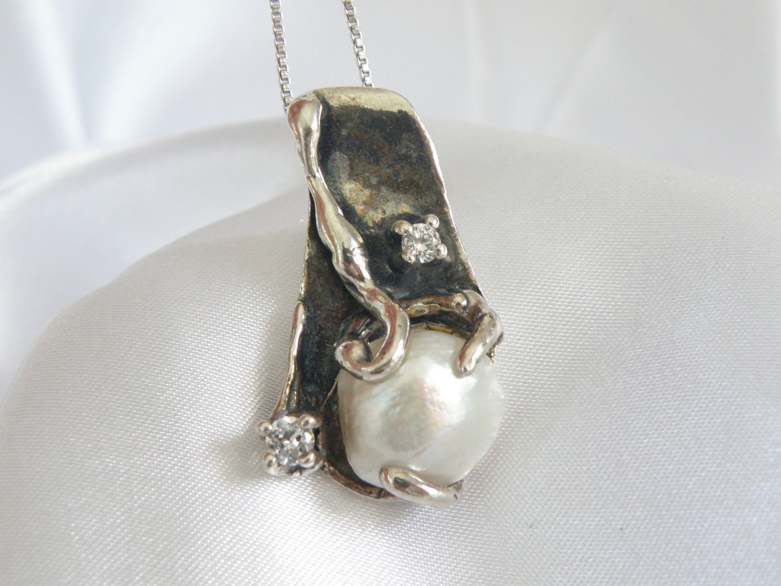 Brutalist Sterling Silver 925 Baroque Pearl Modernist Pendant Necklace