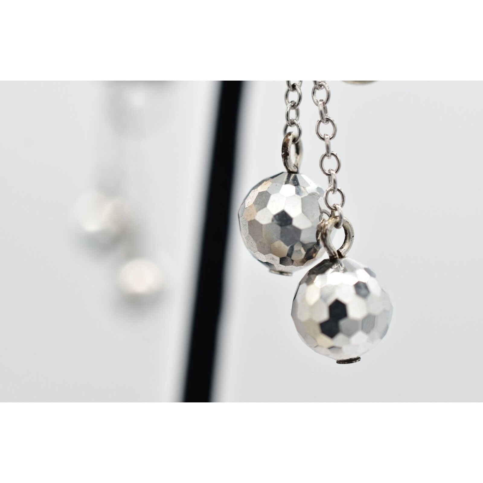 Vintage Crystal Clip On Earrings Silver Chain Disco Ball Chain Drop 1950s A23
