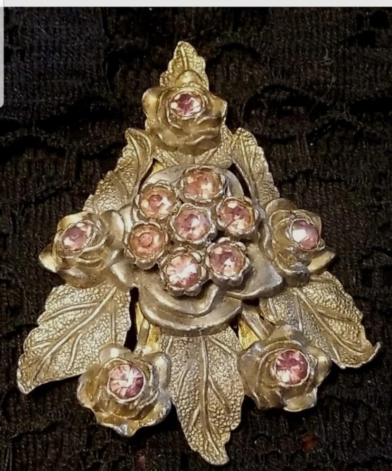 Little Nemo Antique Dress Clip, 3 Inch Signed, LN/25, Pink Rhinestones & Silver