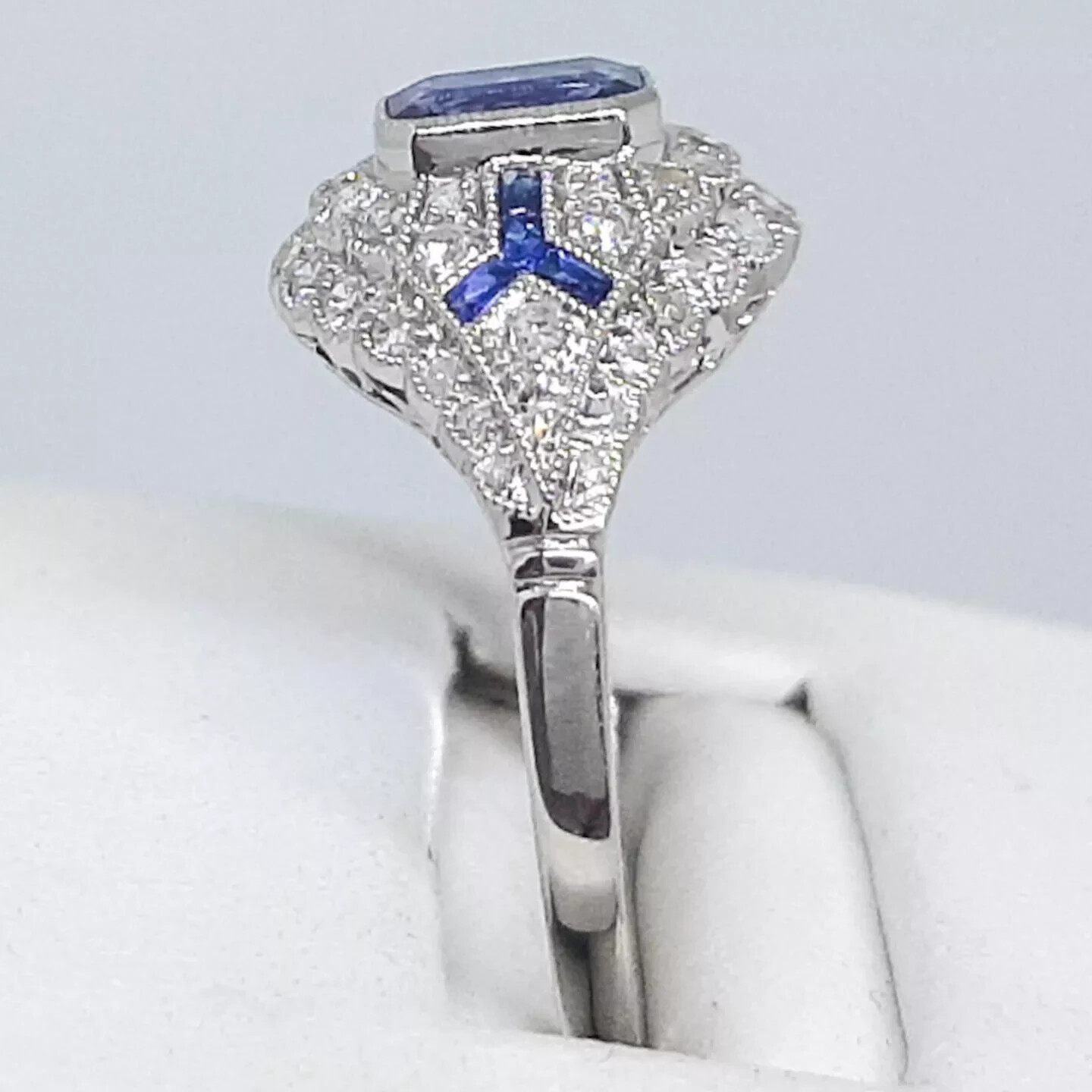 Art Deco Style 2.5Ct Sapphire Lab Created Diamond 14K White Gold FN Wedding Ring